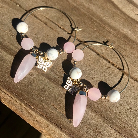Rose Quartz White Turquoise Butterfly Hoop Earring - Picture 5 of 6